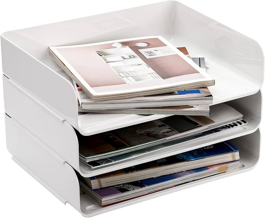 Okllen 3 Pack Stackable Desktop Letter Tray, 3 Tier Paper Document Tray Organizer, White Plastic ... | Amazon (US)