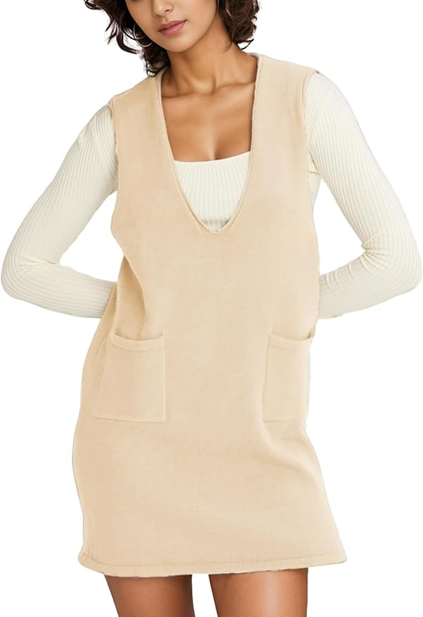 Women’s Sweater Vest Dress V Neck Sleeveless Knit Pullover Pinafore Mini Dress with Pockets | Amazon (US)