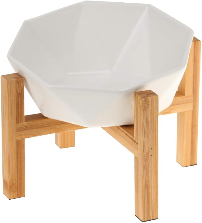 Pet Supplies : White with Stand Ceramic Tilted Elevated Raised Pet Bowl with Bamboo Stand for Cat... | Amazon (US)