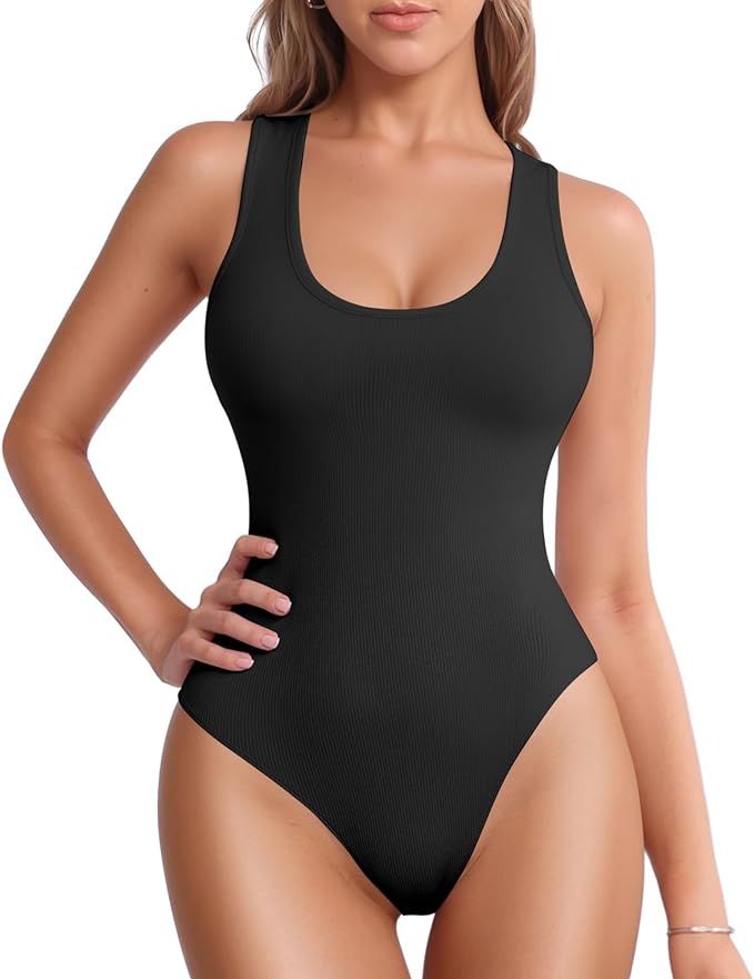 MANGOPOP Tank Top Scoop Neck Bodysuits for Women Sleeveless Racerback Ribbed Basic Bodysuit | Amazon (US)