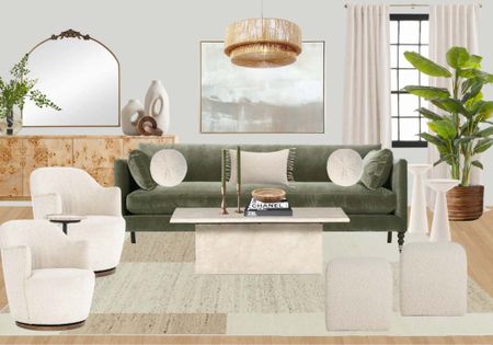 Green velvet sofa in living room with stone coffee table and neutral area rug. Boucle accent chairs, gold mirror and chandelier. Studio McGee furniture and home decor  

#LTKFind #LTKstyletip #LTKhome