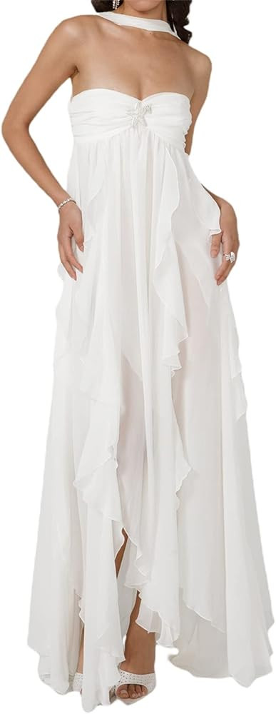 Vohawsa Women Y2k Ruffled Dress Sleeveless Off Shoulder Long Dresses Bodycon Irregular Hem Tube D... | Amazon (US)