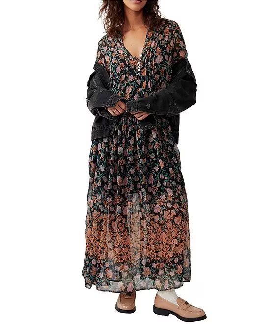 See It Through Floral Print Split V-Neck Long Sleeve Maxi Dress | Dillard's