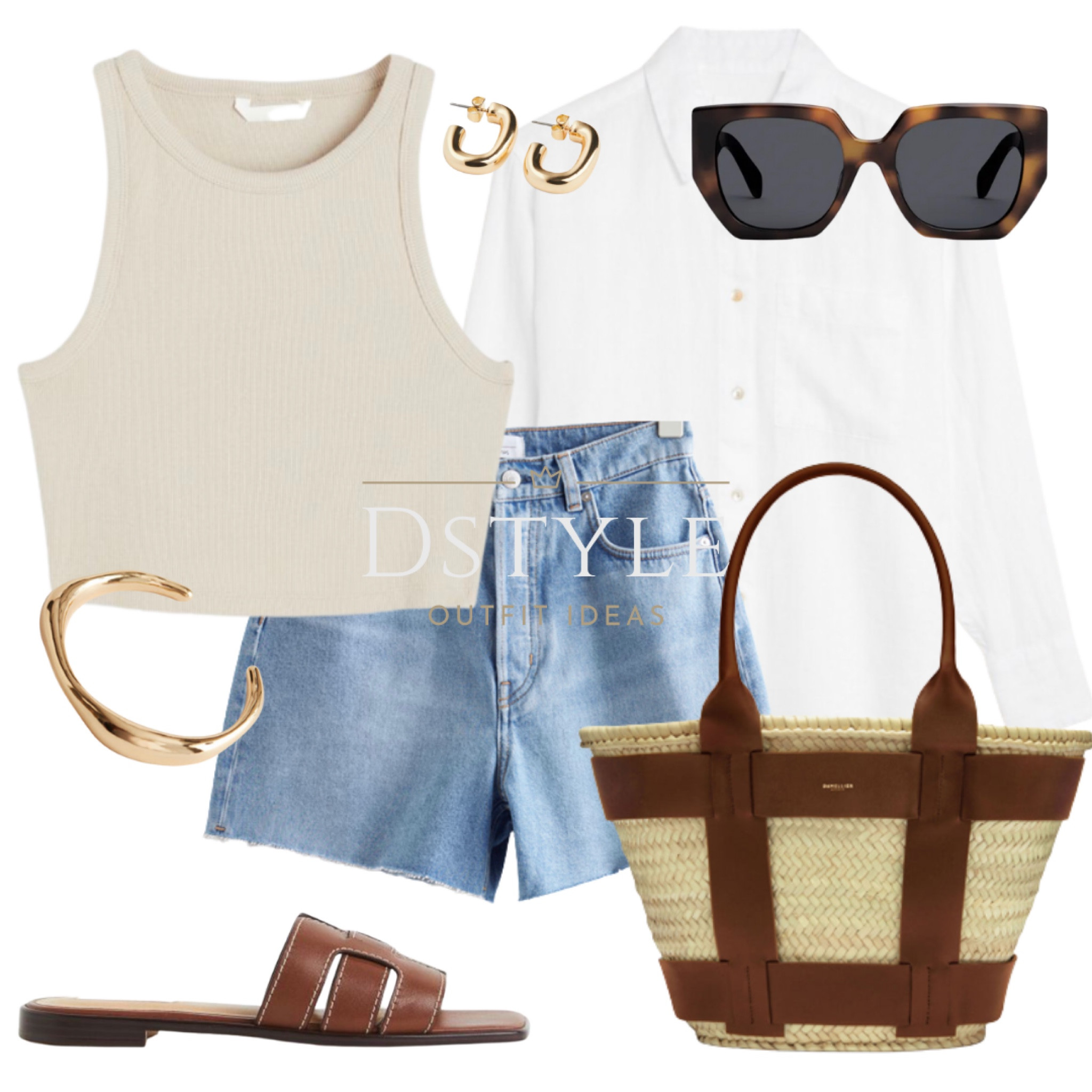 Introducing the perfect summer outfit - this beige cropped top paired with a white linen shirt and blue denim shorts is the ultimate combination for a stylish and breezy look. 😍 Complete your outfit with these brown leather slides and The Santorini bag from Demellier London, designed with long handles for comfortable shoulder carrying. Crafted with premium leather, this bag features a minimalist design that adds a touch of sophistication to any outfit. 😎 Plus, the spacious interior makes it perfect for carrying all your essentials. Don't miss out on this must-have accessory for your summer wardrobe! 🏝️☀️

#LTKSeasonal #LTKstyletip #LTKfit