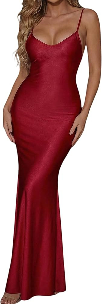 OYOANGLE Women's Backless Ruched Elegant Maxi Dress Spaghetti Strap Sleeveless Bodycon Evening Pa... | Amazon (US)
