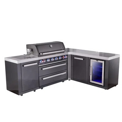 Mont Alpi Mai805-bss90fcxl 6-burner 94"x88" L-shaped Premium Black Stainless Steel Outdoor Kitchen Island Barbecue Gas Grill + Refrigerator + White Gr | Wayfair North America