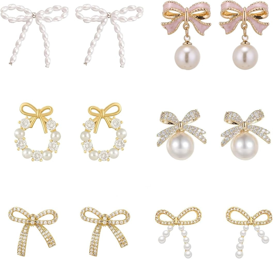 Gold Bow Earrings Set Golden Silver Ribbon Stud Earrings for Women Gift | Amazon (US)
