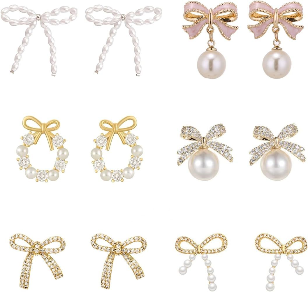 Gold Bow Earrings Set Golden Silver Ribbon Stud Earrings for Women Girls Christmas Gift 4 Pair | Amazon (US)