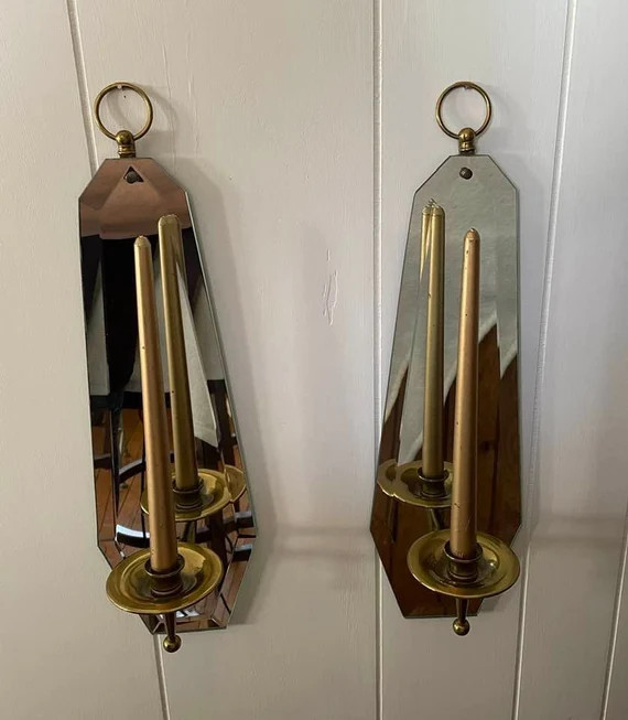 Pair of vintage Knob Creek MCM Mirror and Brass candle holder wall sconces | Etsy (US)