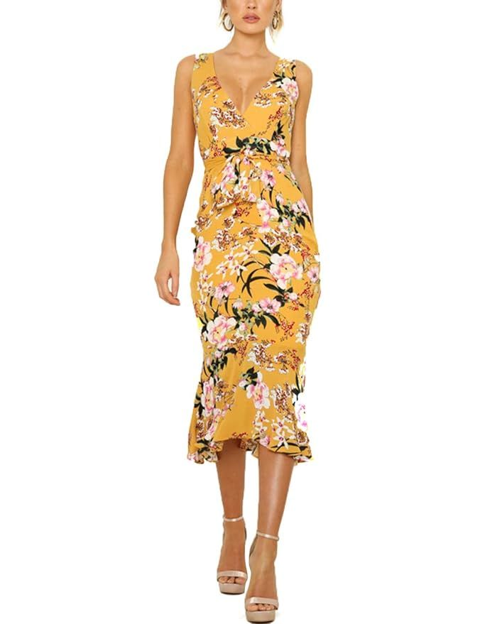HOOYON Women's Dress Summer Floral Print V-Neck Sleeveless Elegant Mermaid Midi Dress | Amazon (US)