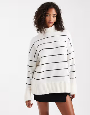 ASOS DESIGN knitted high neck jumper with turn back cuffs in mono stripe | ASOS | ASOS (Global)