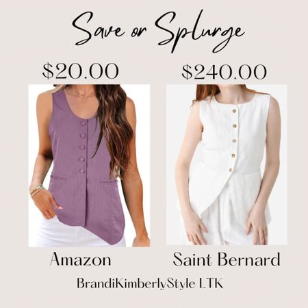 It’s Save or Splurge! This cute summer vest trend is too cute? Save with Amazon’s vest that is a fantastic dupe of Saint Bernard’s and it comes two other colors. You can Splurge with Saint Bernard’s vest which is top quality. It comes in white and brown .  BrandiKimberlyStyle, summer fashion, summer outfit, summer vest 

#LTKStyleTip #LTKSeasonal #LTKOver40