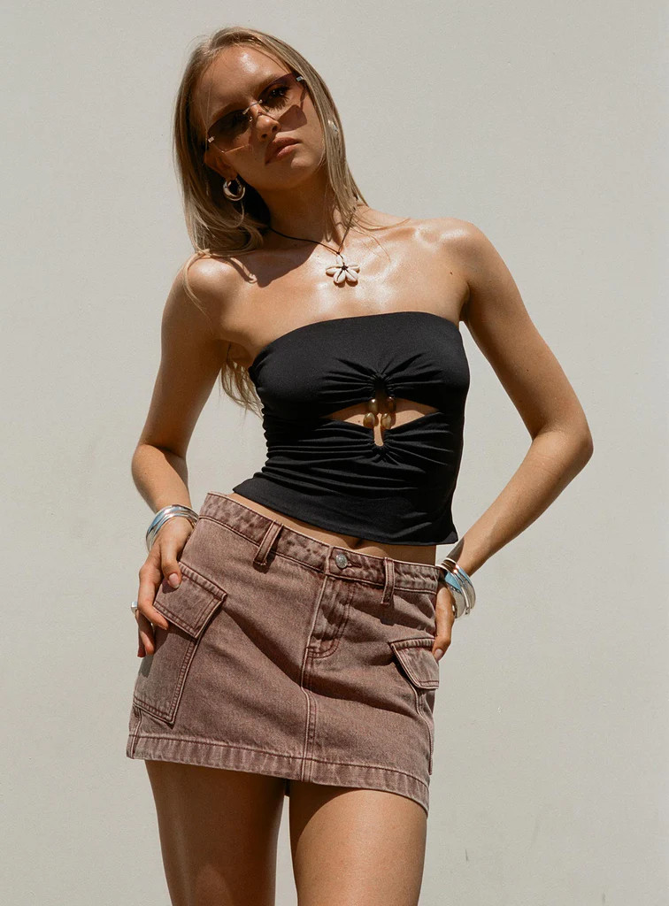 Zakai Cargo Denim Mini Skirt Brown | Princess Polly US