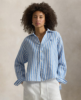 Women's Cropped Stripped Linen Shirt | Macy's