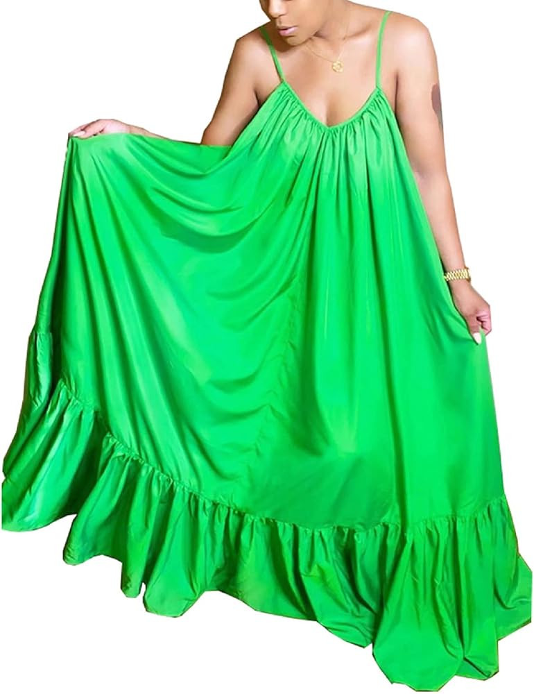 Adogirl Women's Sexy Spaghetti Strap Sleeveless Ruched Ruffle Hem Bandage Oversized Beach Loose L... | Amazon (US)