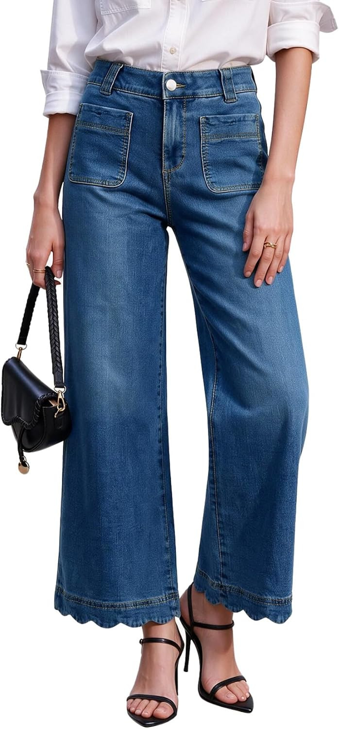 Tankaneo Womens Straight Leg Jeans Scalloped Hem Stretchy Ankle Denim Pants | Amazon (US)