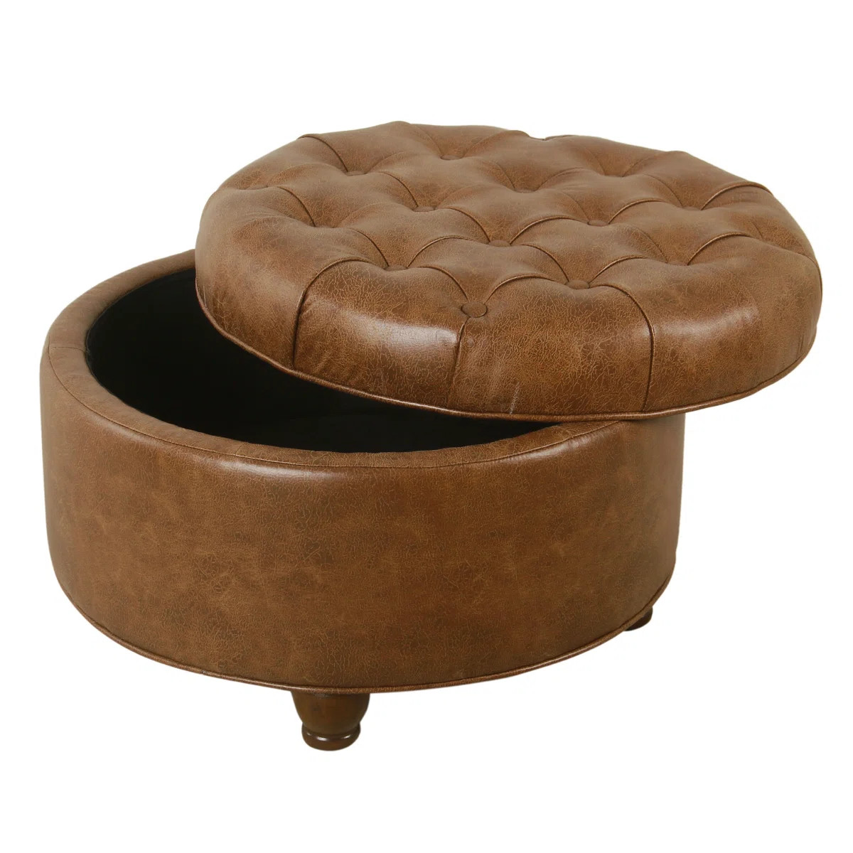 Gery Accent Storage Ottoman, 25 Inch Round Tray Top Brown Faux Leather | Wayfair North America