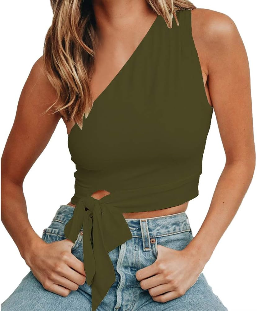 WEEPINLEE Women's Sexy One Shoulder Sleeveless Bowknot Shirts Crop Tops | Amazon (US)