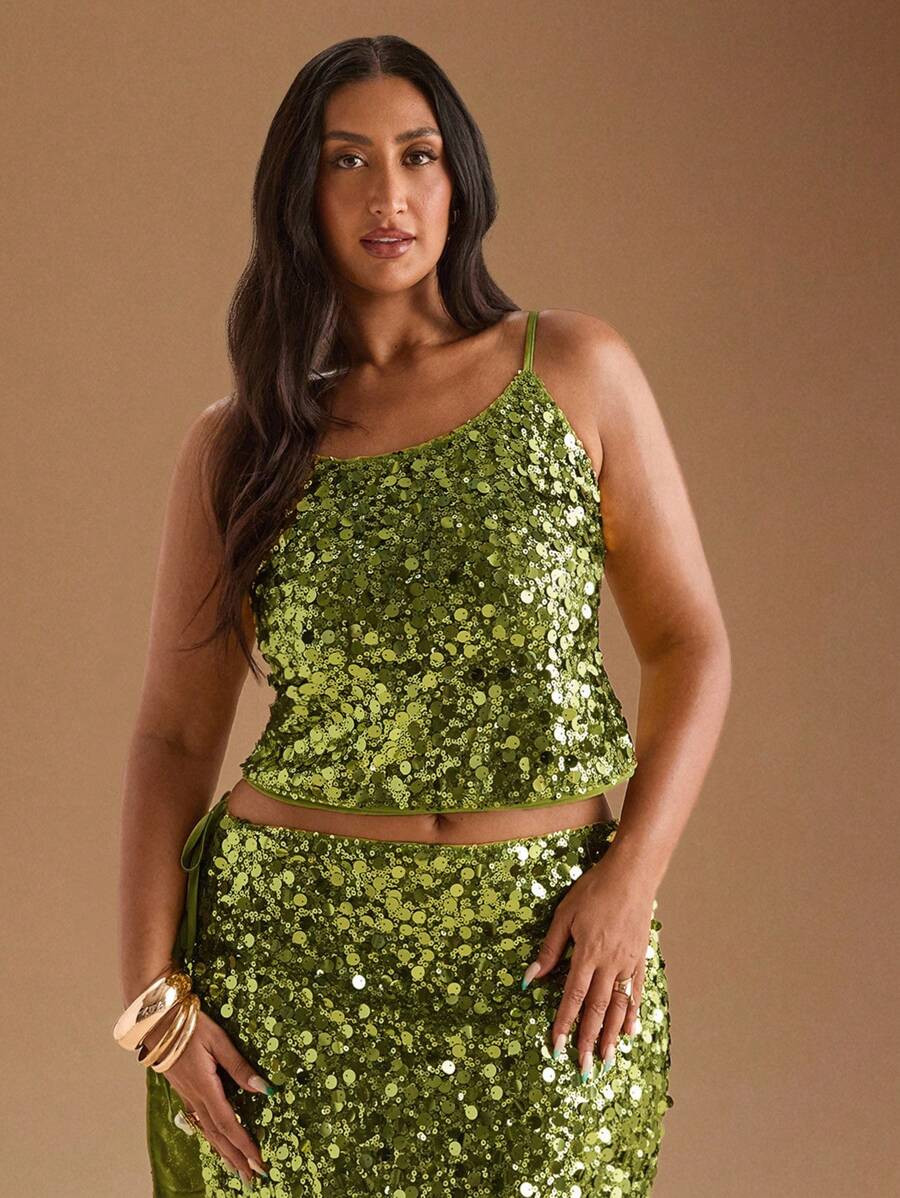 SHEIN BAE Christmas Plus Size Women's Solid Color Sequin Elegant Fashion Camisole Top, Music Fest... | SHEIN