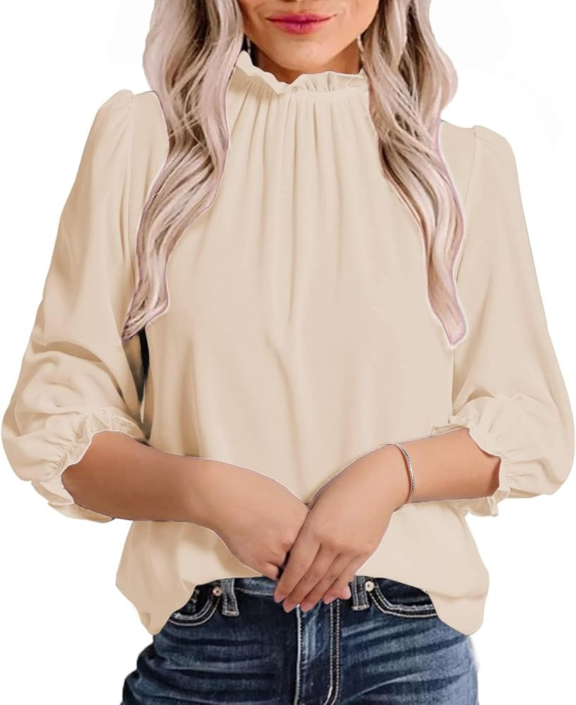 Avanova Women Polka Dot Long Sleeve Blouse Shirts Work Mock Neck Ruffle Top | Amazon (US)