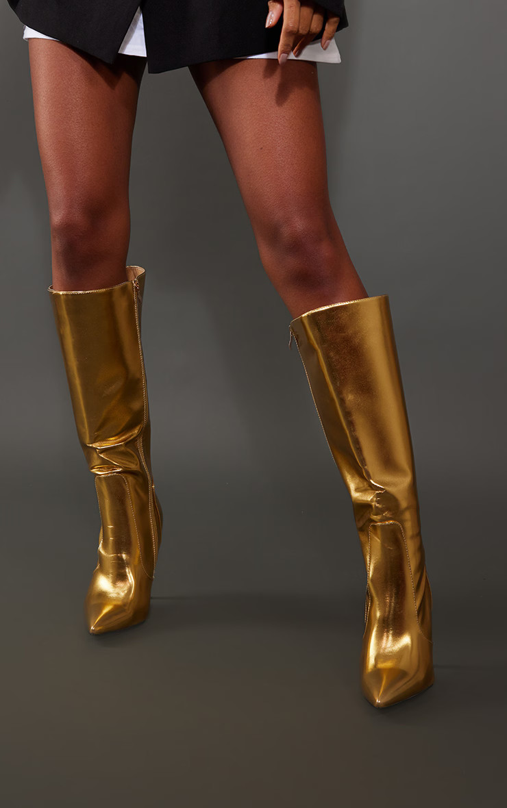 Gold Wide Fit Metallic Pu Point Toe High Stiletto Heeled Knee Boots | PrettyLittleThing US
