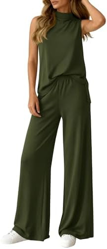 BTFBM 2 Piece Outfits For Women Airport Travel Summer 2026 Loose Mock Neck Sleeveless Wide Leg Pa... | Amazon (US)
