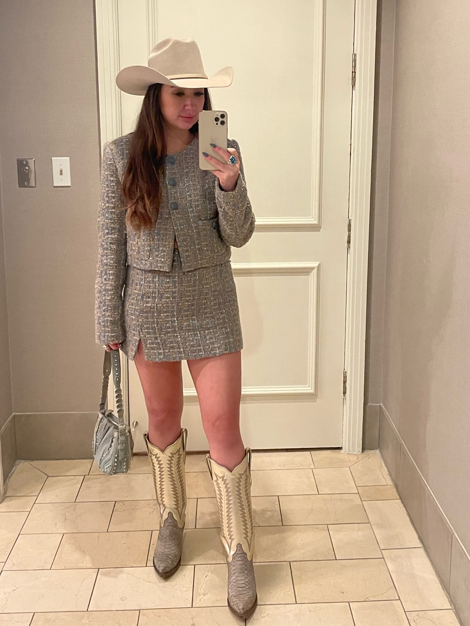 Denim colored tweed & metallic boots, say less 🪩✨🤠
Wearing a size Small 

#LTKSpringSale