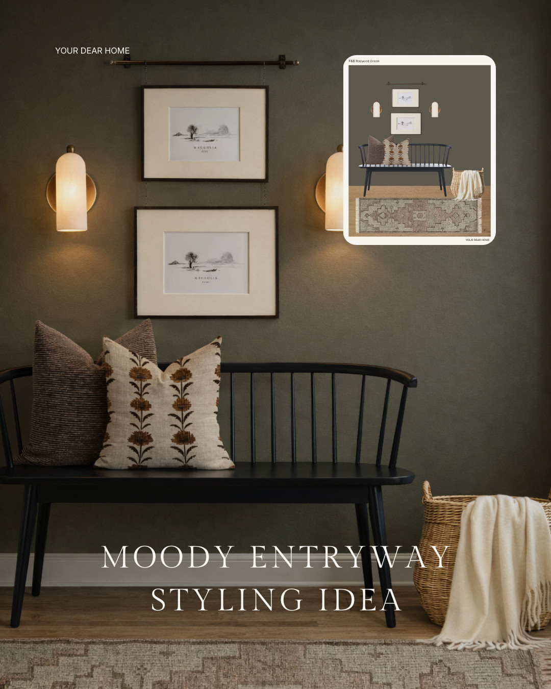 The wall color does most of the work here. I love how the darker green paired with warm lighting makes the space feel cozy instead of heavy. A simple bench, neutral pillows, and clean art keep it from feeling busy while still giving it that layered, moody feel. 

 #LTKHome