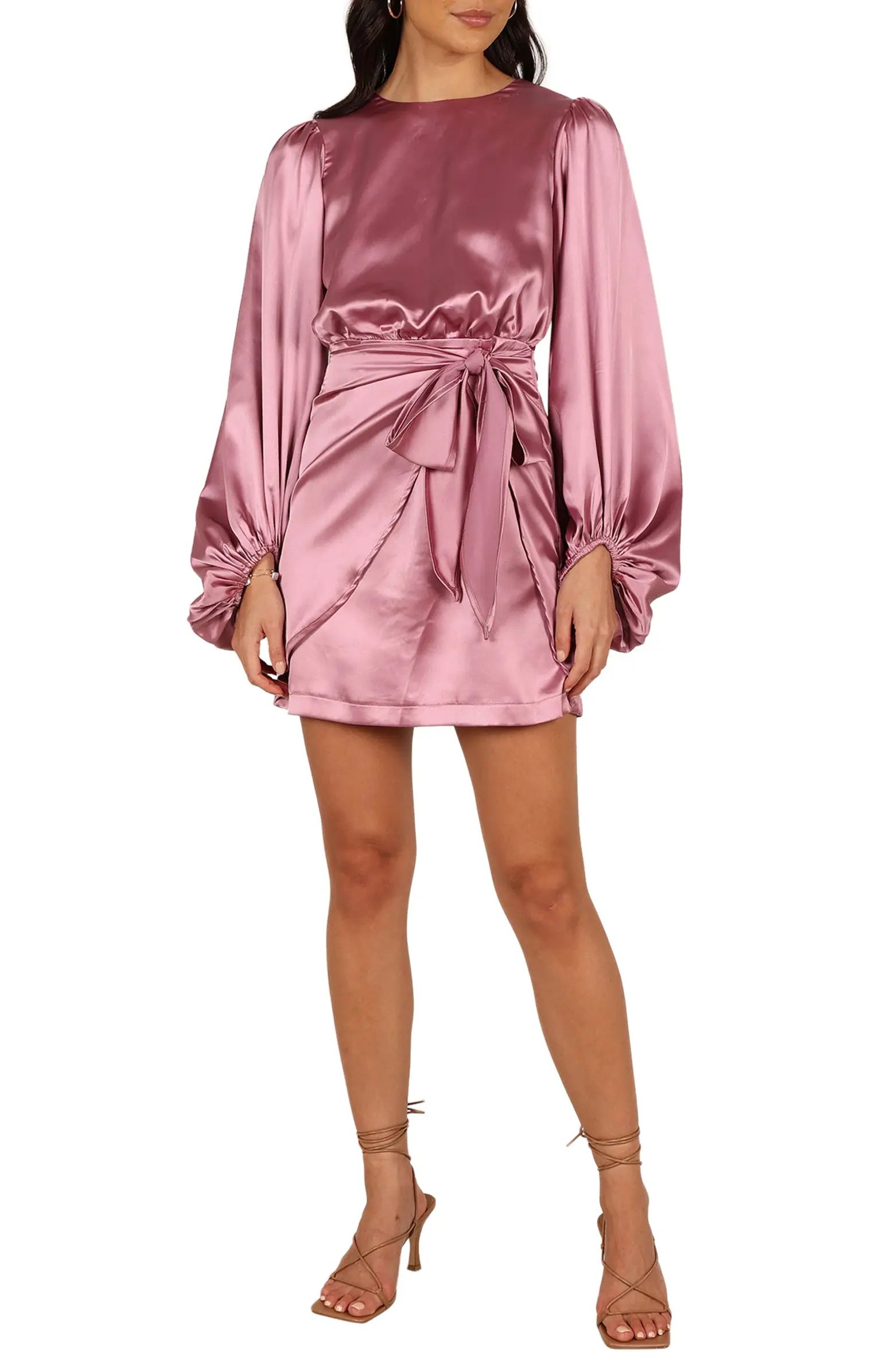 Opal Tie Waist Long Sleeve Satin Minidress | Nordstrom