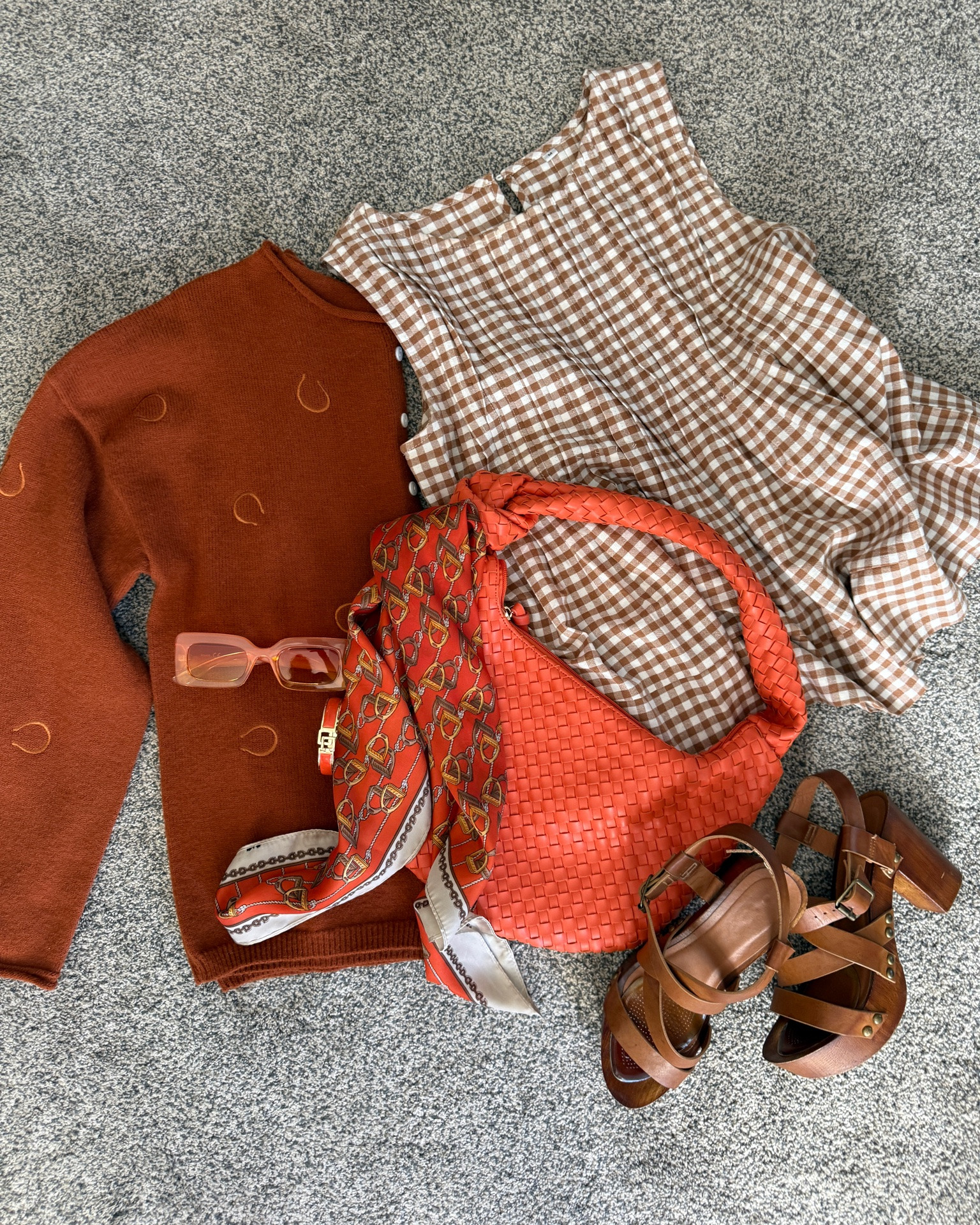 Summer 🌻to Fall🍂  transition outfit inspiration 

Love the color combo of orange and cognac 🍂🧡

Spanx trousers 
Pull on wide leg trousers that are classic/ comfortable/ and so easy to style . Fits tts  I am in a med 
🚨Save 15% with my code: Deardarcyxspanx 

Gingham pleated baby doll tank top- an affordable find that that quality is so good and fits tts… you would think it was Tuckernuck 
I am in the med 

🧡Fun accessories 

-Orange woven bag designer inspired 
- affordable orange sunglasses 
- the cutest Horsebit satin scarf 
- Gold jewelry 
- cognac leather strappy  wooden heel sandals

#LTKgrwm #LTKootd #LTKOver40