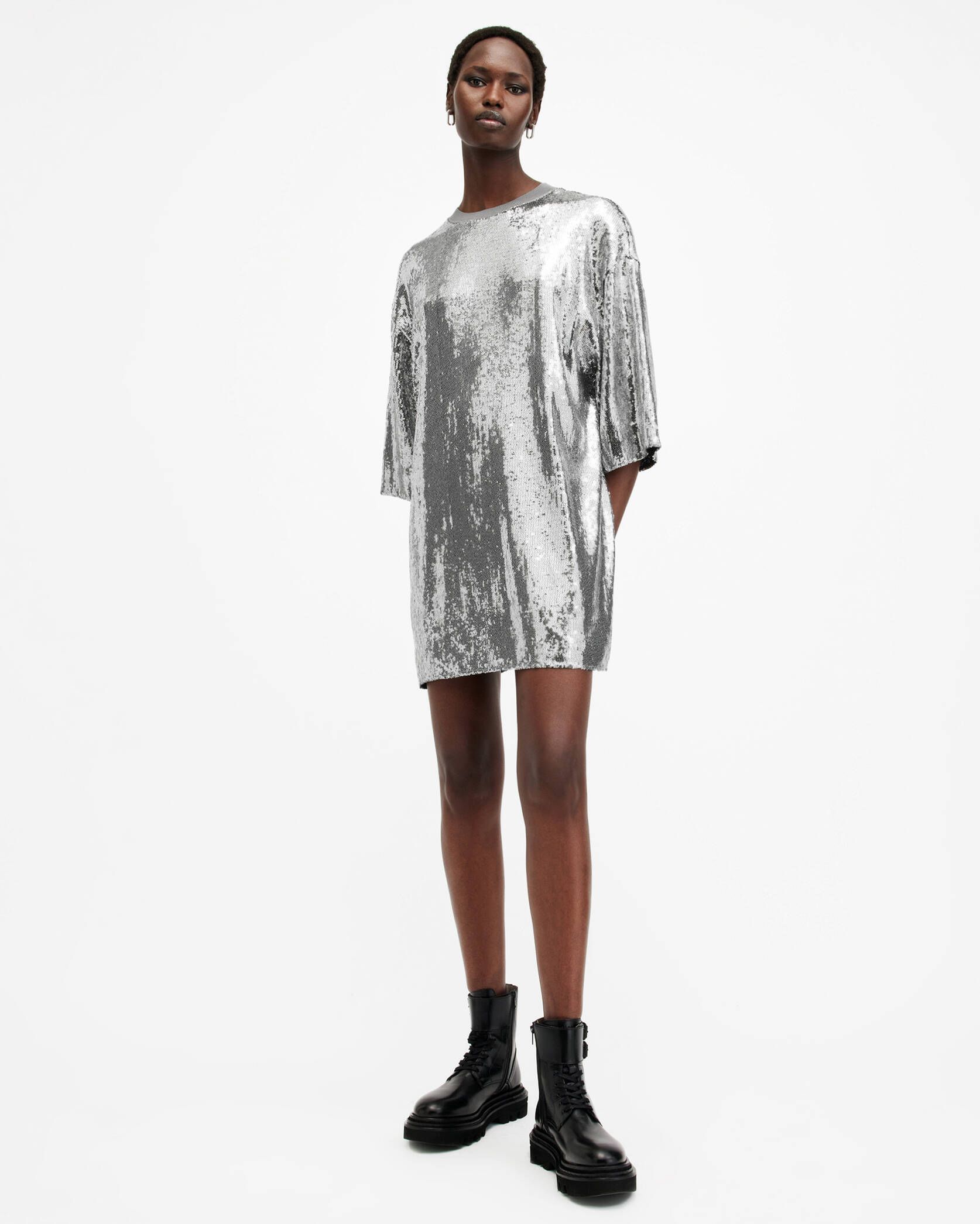 Opal Sequin T-Shirt Mini Logo Dress Silver/Black | ALLSAINTS US | AllSaints US