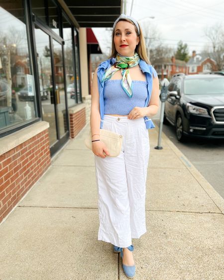 Spring-approved date night look with wide leg linen pants, smocked crop top, espadrille wedges, & this beautiful silk scarf by Maizie Clark

#LTKSeasonal #LTKstyletip