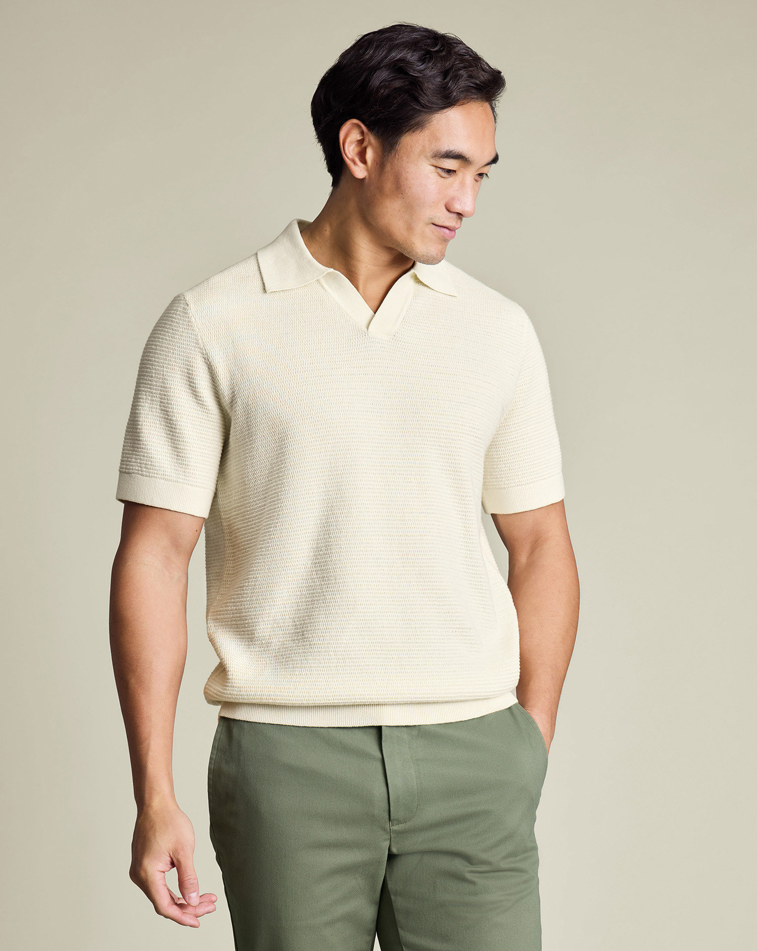 Cotton Texture Trophy Neck Knitted Polo – Cream | Charles Tyrwhitt