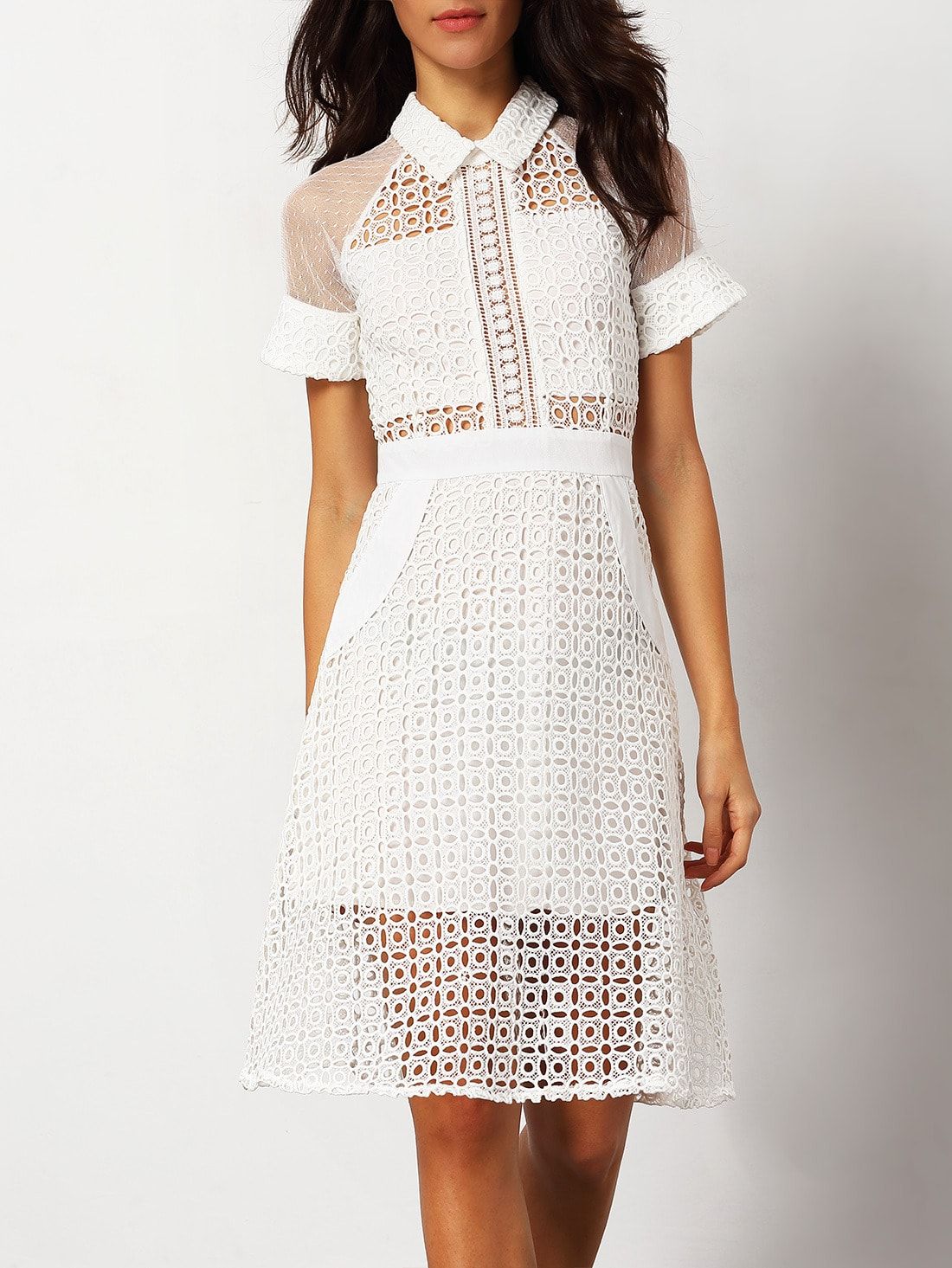 White Short Sleeve Hollow Sheer Dress | SHEIN