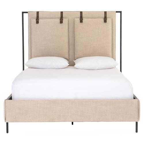 Sareen Modern Classic Beige Upholstered Leather Strap Iron Legs Bed - Queen | Kathy Kuo Home