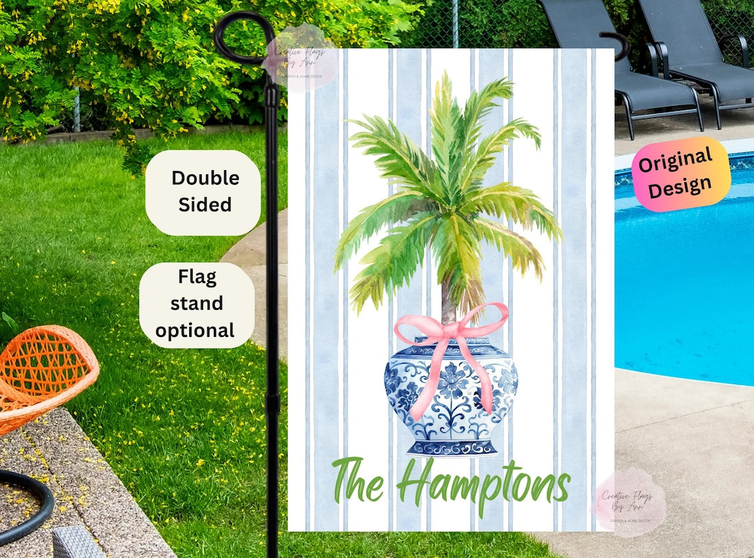Chinoiserie Garden Flag, Palm Tree Flag, Custom Topiary Flag, Blue Ginger Jar, Preppy Bow ,Spring... | Etsy (US)