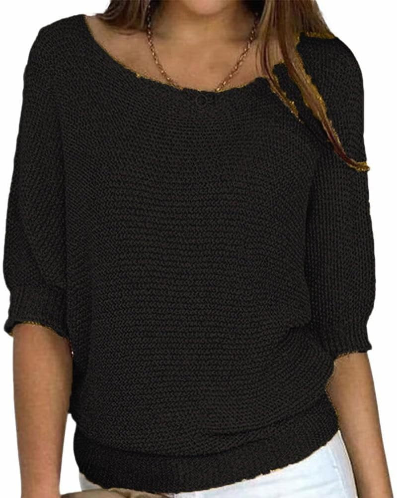 Women's Knitted Boat Neck 3/4 Sleeve Sweaters Batwing Loose Fit Casual Work Dressy Pullover Sweat... | Amazon (US)