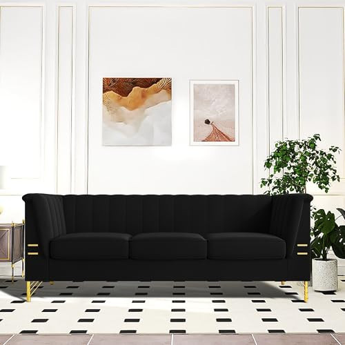 LaiBiKe 83 in Black Velvet Sofa Darkes Modern 2 Person Couch Comfortable Tufted Couches Metal Legs for Office Living Room Apartment Playroom Bedroom(02-Black-82) | Amazon (US)