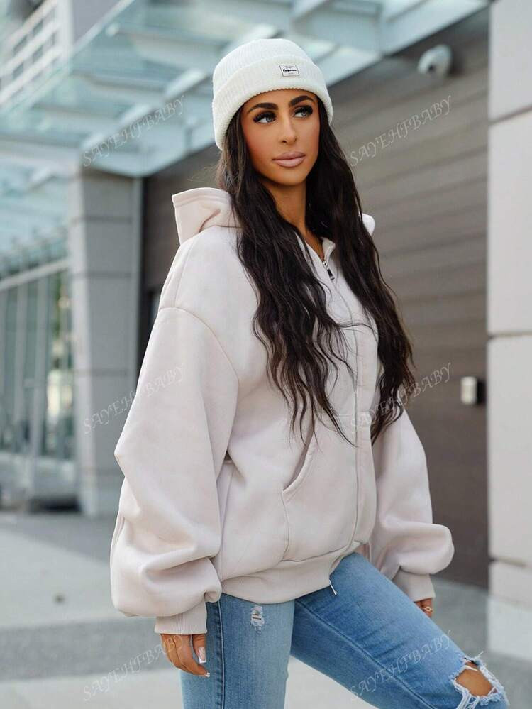 SAYEHFBABY Summer Fleece Oversized Zip Up Long Sleeve Hoodie Festival | SHEIN