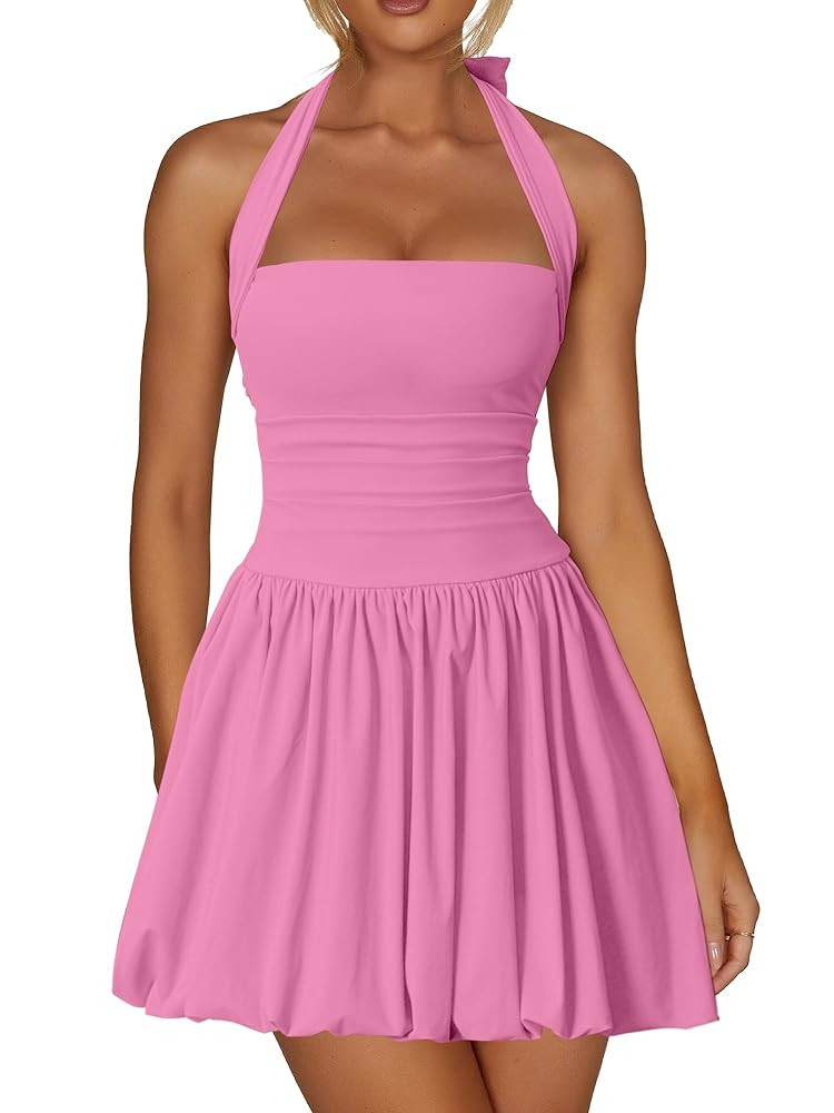 Kaximil Women's Sexy Halter Corset Mini Dress Bubble Ruched Waist Club Party Dresses with Built-i... | Amazon (US)