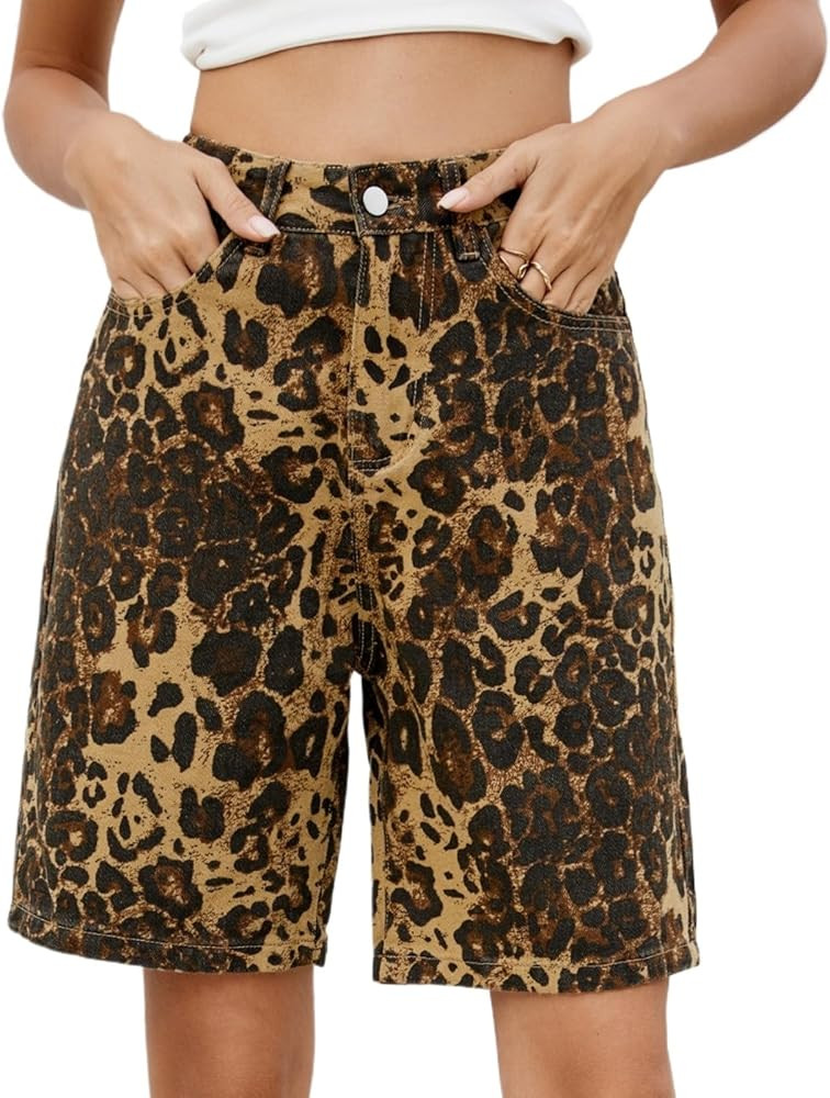 Women Leopard Graphic Denim Shorts High Waisted Summer Baggy Jorts Y2k Trendy Knee Length Loose F... | Amazon (US)