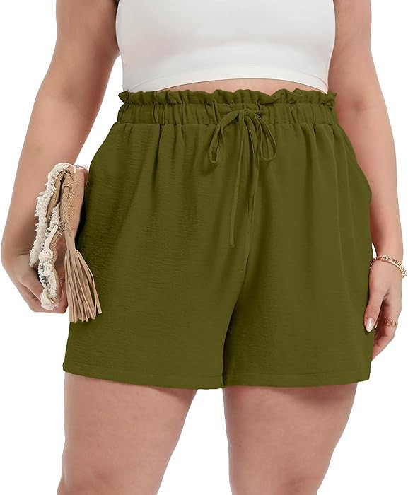OLRIK Plus Size Shorts for Women 2026 Summer Casual Ruffle Belted Waist Lightweight Adjustable Dr... | Amazon (US)
