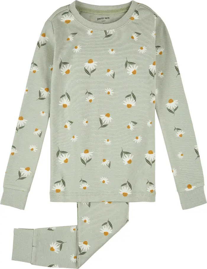 Petit Lem Kids' Floral Print Glow in the Dark Fitted Two-Piece Organic Cotton Rib Pajamas | Nords... | Nordstrom