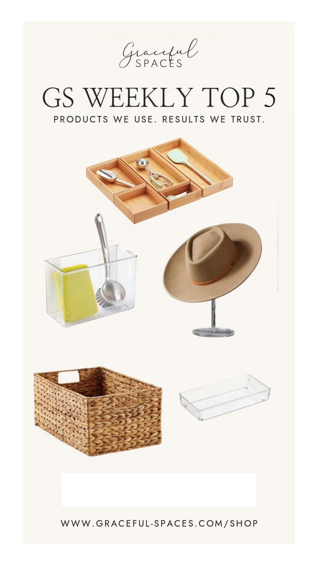 Our Weekly Top 5!  The Container Store's bamboo drawer dividers, acrylic drawer dividers, and Luxe Acrylic Hat Stand along side our beloved Affixx Adhesive Bins from Amazon. 

 #LTKHome
