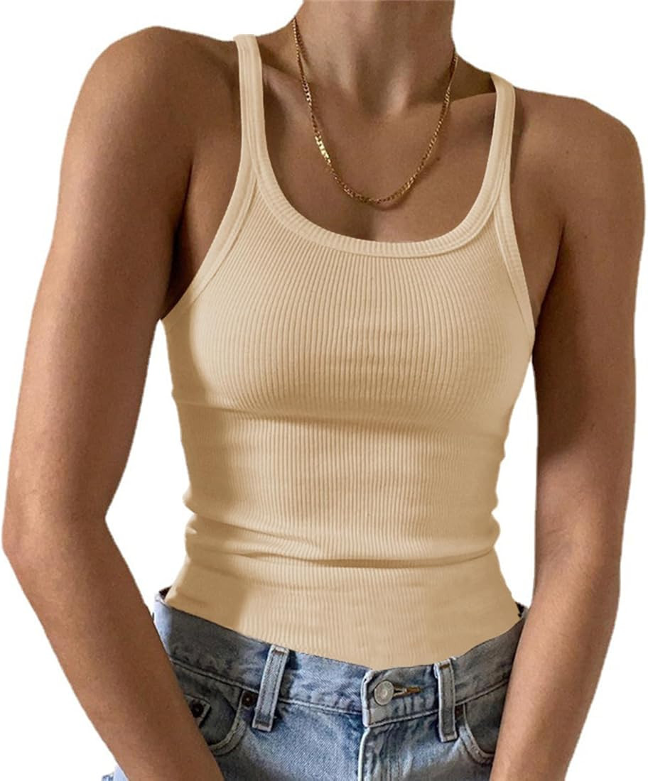 Artfish Women's Sleeveless Tank Top Form Fitting Scoop Neck Ribbed Knit Basic Cami Shirts | Amazon (US)