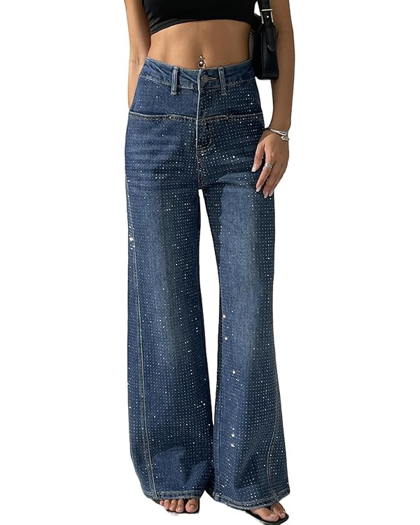heipeiwa Women's Rhinestone Jeans Wide Leg Flare Denim Pants High Waist Sparkle Shiny Sequin Glit... | Amazon (US)