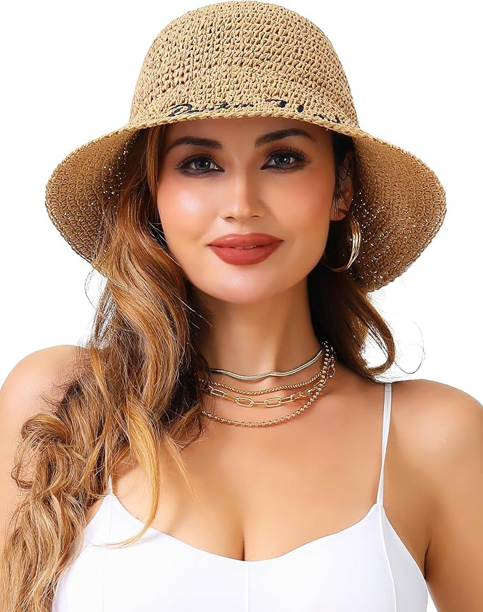Womens Straw Sun Hat Wide Brim Hand Woven Foldable Beach Bucket Hat for Summer Travel UV Protecti... | Amazon (US)