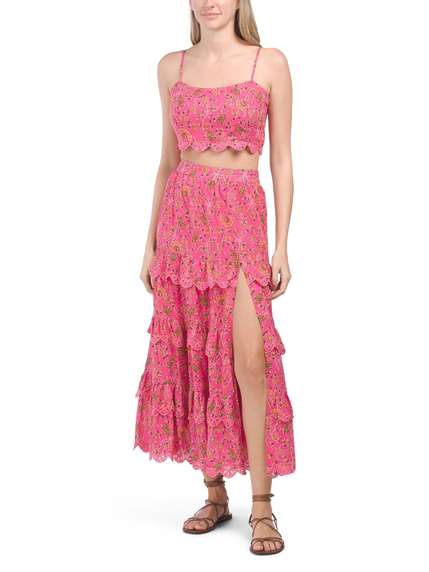 Cropped Embroidery Cami With Midi Ruffle Pull-on Skirt Set | Marshalls