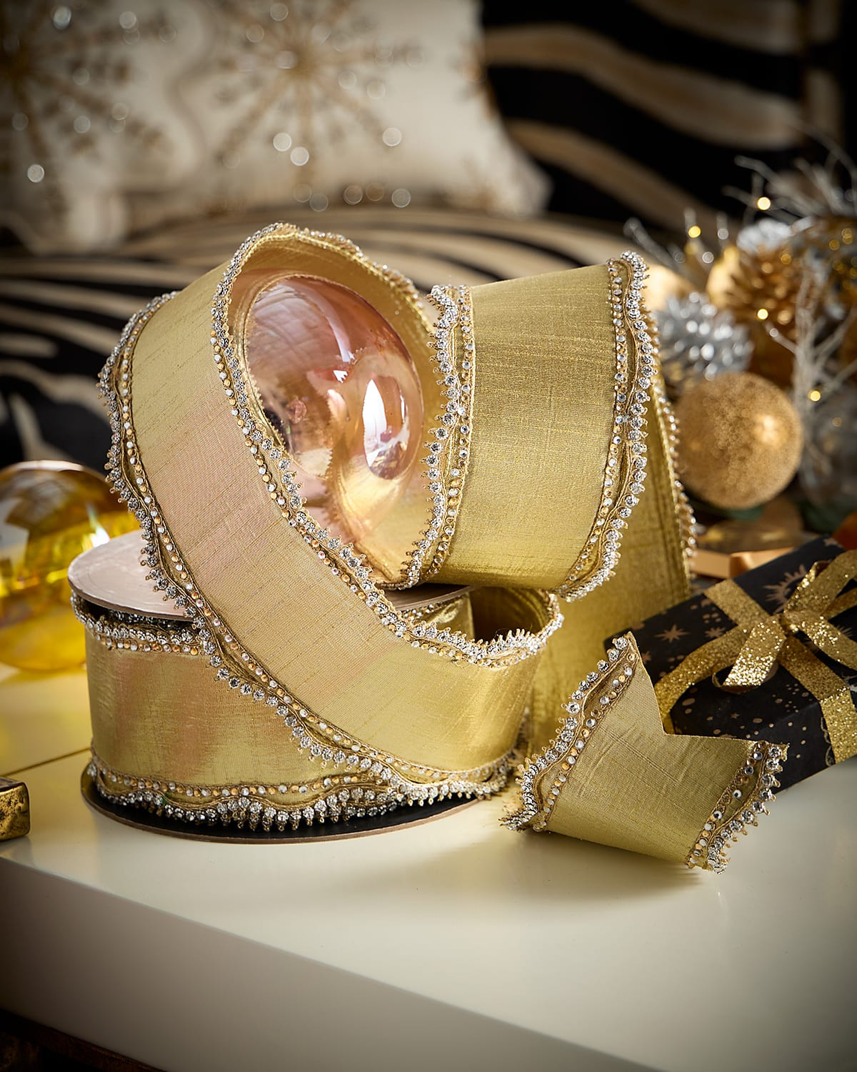 Metallic Dupion Ribbon, 4" x 10 Yards | Neiman Marcus