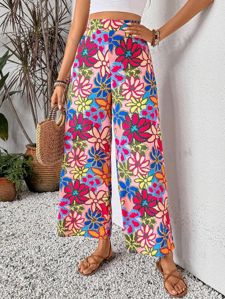 SHEIN Essnce Women Holiday High Waist Floral Printed Wide Leg Loose Long Pants | SHEIN USA | SHEIN